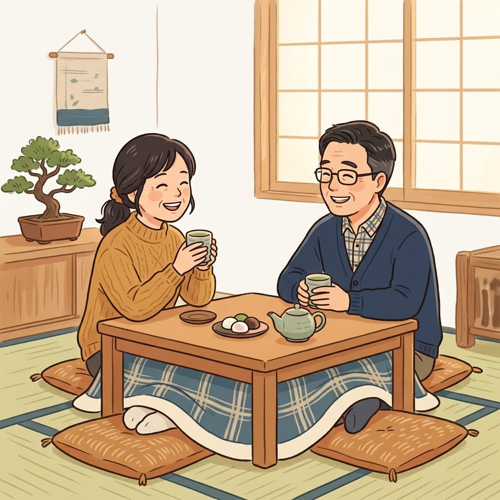 リースバックで資金を確保し、自宅で笑顔でお茶を飲むシニア夫婦のイメージイラスト