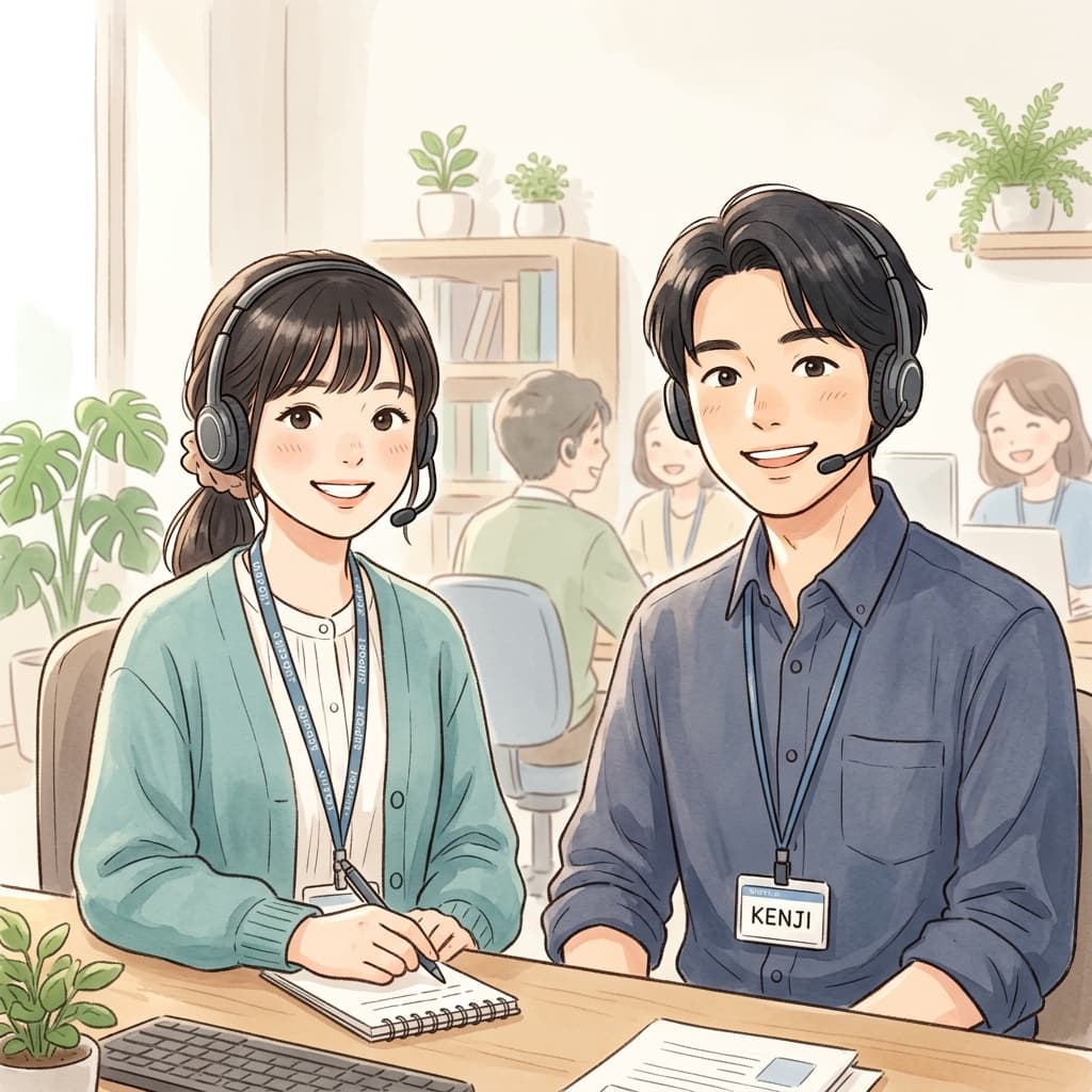 インカムを付け、笑顔で丁寧にお問い合わせに対応するコンタクトセンタースタッフのイラスト
