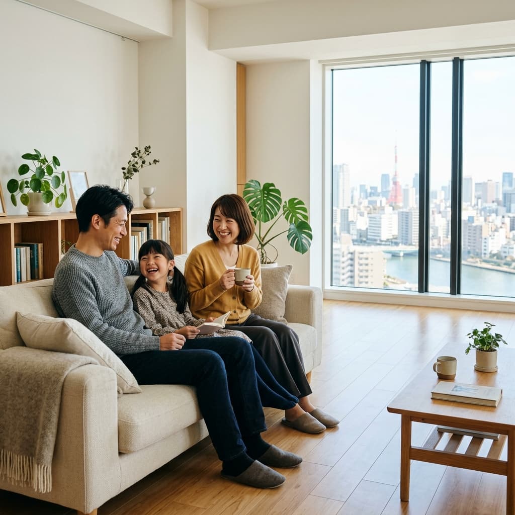 明るいマンションのリビングで自然に過ごすファミリー