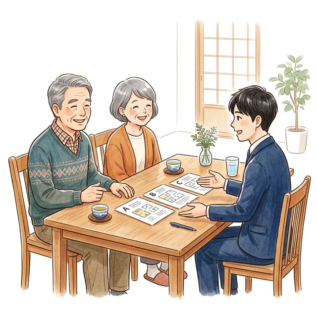 仲介、買取、リースバックなどの売却プランを天秤にかけて中立に比較するイラスト