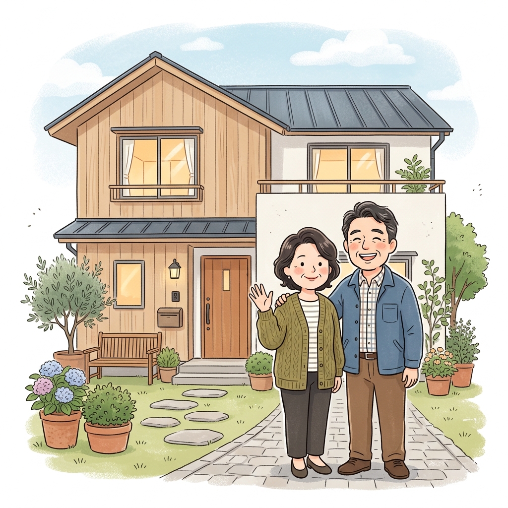 仲介売却での住み替えをイメージした、タブレットを見て相談するシニア夫婦のイラスト
