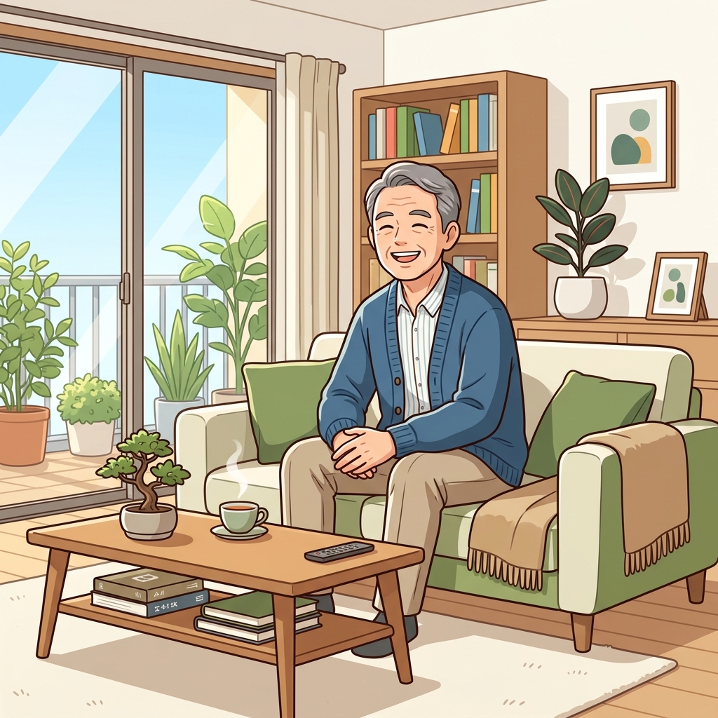 リースバックで老後資金を確保した単身のシニア男性が、リビングで快適にくつろぐイメージイラスト